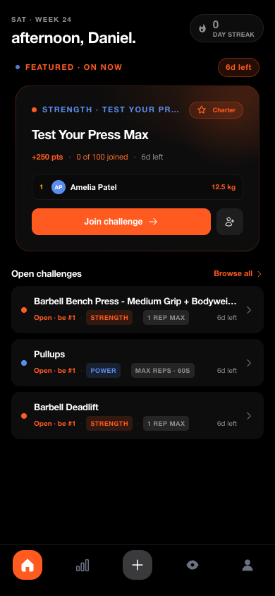 FullAthlete challenges screen with a featured strength challenge, join button, and open challenges list