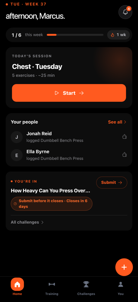 FullAthlete home screen showing today's generated session ready to start, weekly progress and streak
