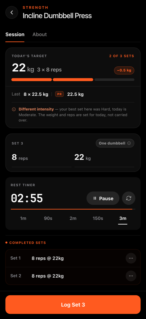 FullAthlete exercise logging screen with today's target, rest timer and personal record badge