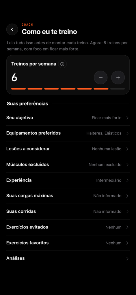Tela do treinador no FullAthlete listando metas semanais, objetivo de treino, equipamentos preferidos, lesões e músculos excluídos