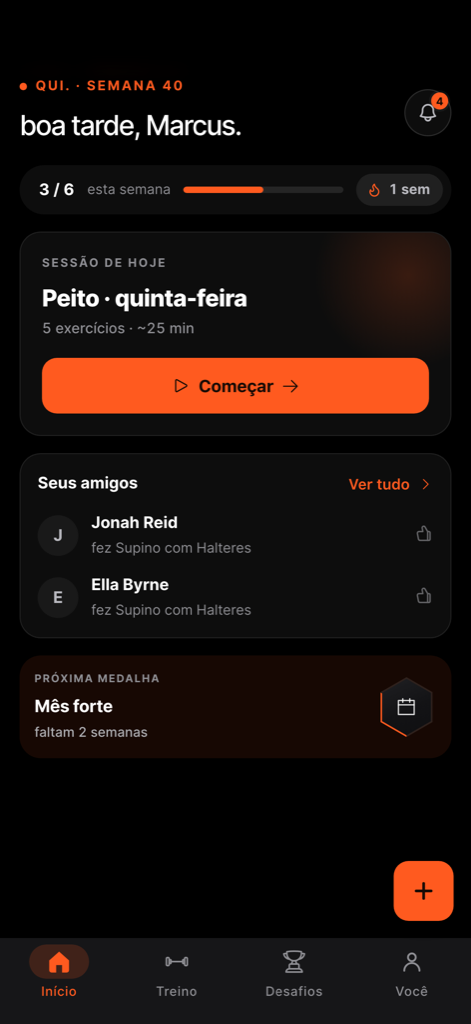 Tela inicial do FullAthlete mostrando a sessão do dia pronta para começar, o progresso semanal e a sequência